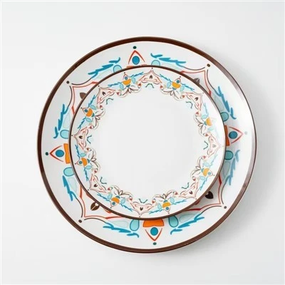 Arabesque Pattern Porcelain Dinnerware Set 16/20 Pcs — Symmetrical Floral Design With Brown Edge factory