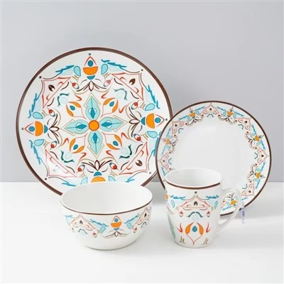 Arabesque Pattern Porcelain Dinnerware Set 16/20 Pcs — Symmetrical Floral Design With Brown Edge suppliers